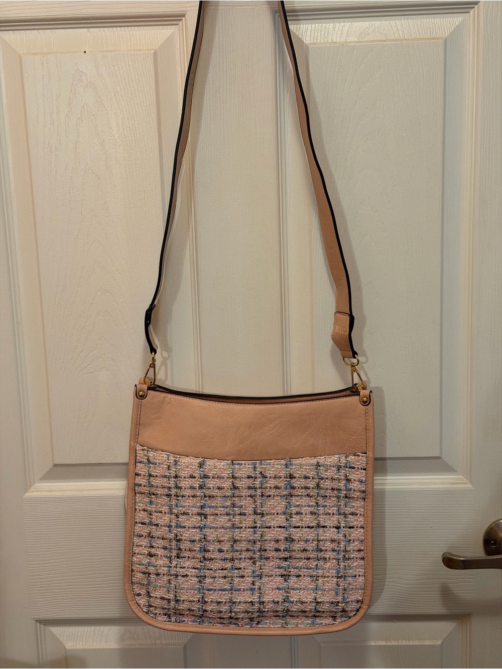 Tweed Panel Pink Shoulder Bag with Adjustable Strap